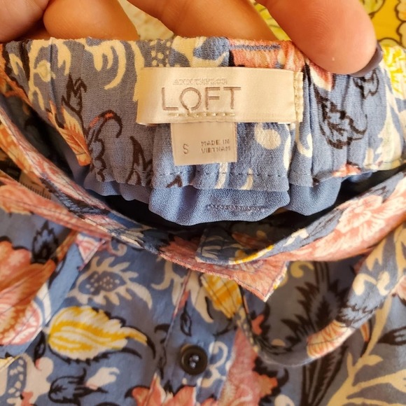 LOFT Floral Print Skirt, Button Front Drawstring Mini Skirt, Blue Pink Small - Picture 6 of 10